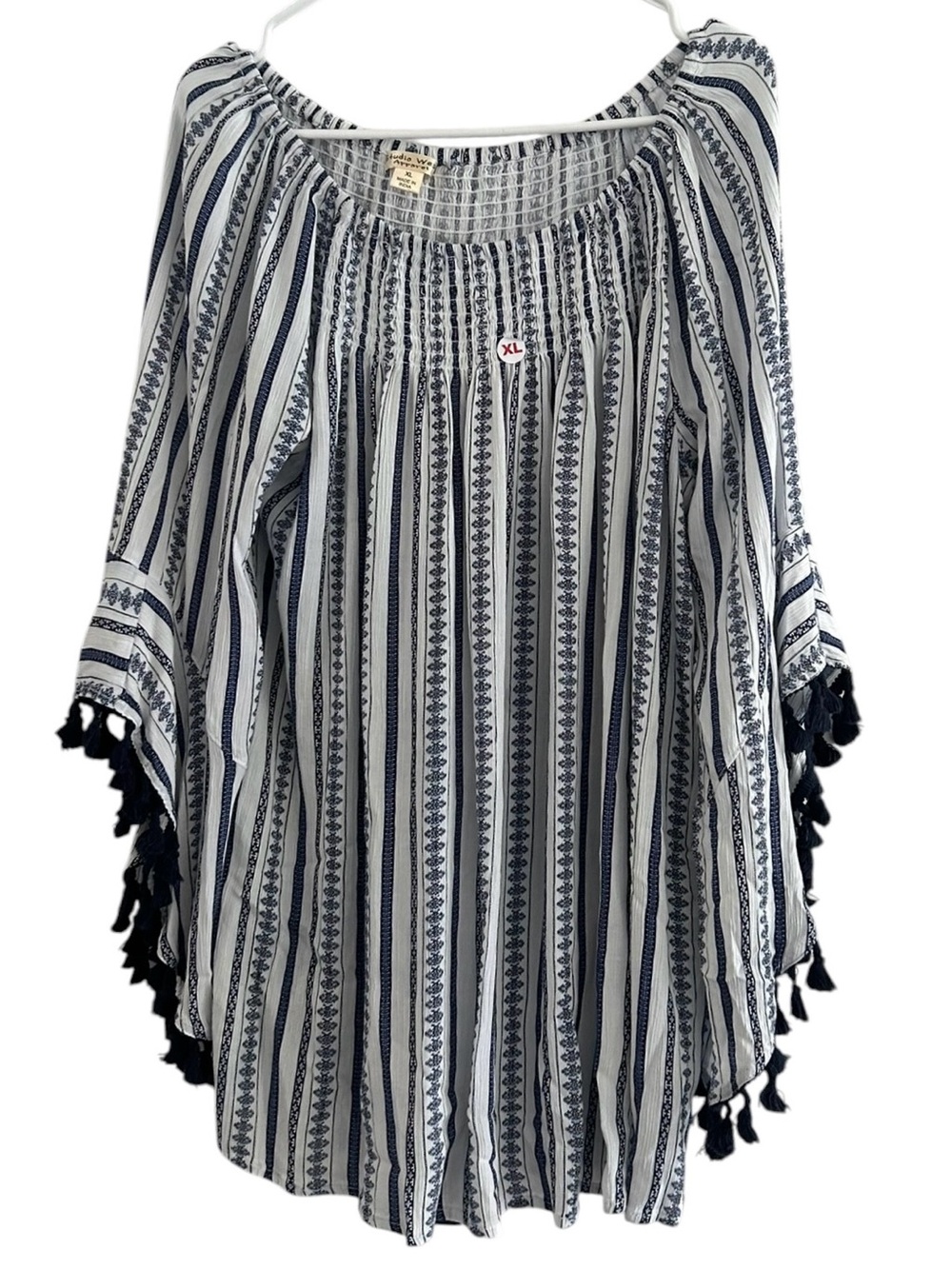 Studio West Apparel Striped Tassel Sleeve Blouse Top Blue White Women's XL